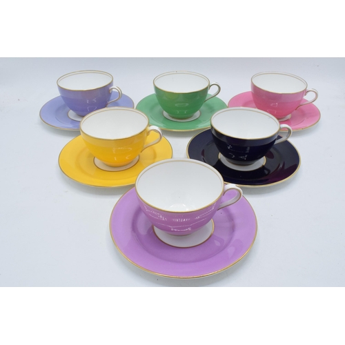 84 - A set of 6 Aynsley multi-coloured duos to include 6 cups and 6 saucers (12).