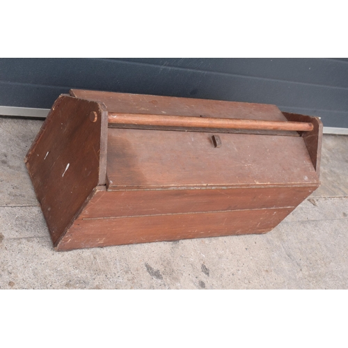 330C - Vintage portable plywood toolbox with handle and fold out interior, 80 x 31 x 41cm tall.