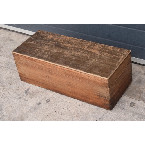 330D - Vintage pine box with dovetail joints together later plywood top, 70 x 29 x 25cm tall.