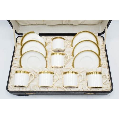 86A - Cased Minton coffee set to include 6 cups and 6 saucers decorated with a Grecian Key style design (o... 