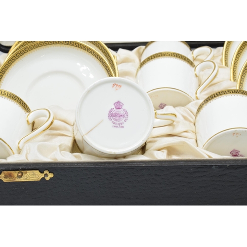 86A - Cased Minton coffee set to include 6 cups and 6 saucers decorated with a Grecian Key style design (o... 