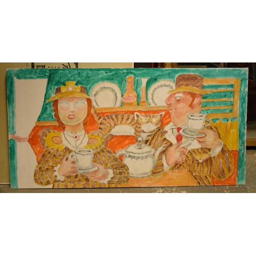 358A - Vincent Bennett (Plymouth 1910-1993), oil on canvas panel, 'Tea for Three', 77cm x 38cm, unframed. A... 