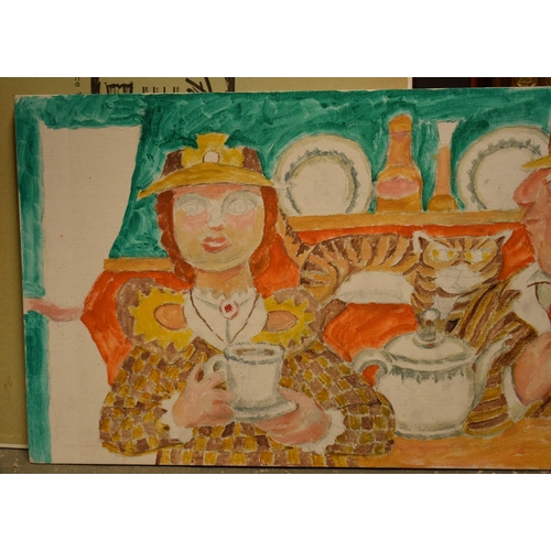 358A - Vincent Bennett (Plymouth 1910-1993), oil on canvas panel, 'Tea for Three', 77cm x 38cm, unframed. A... 