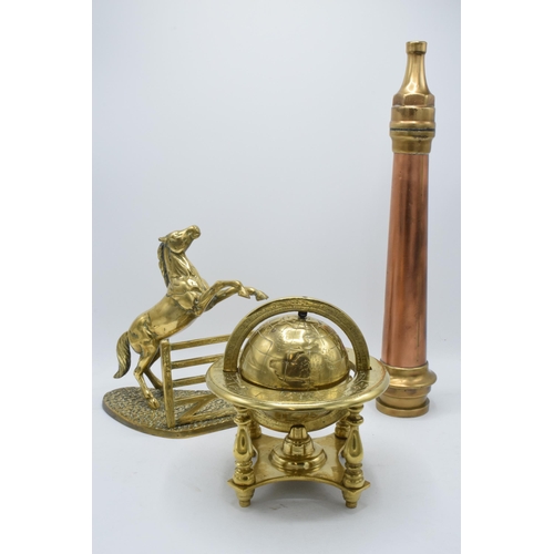 348A - Large antique copper and brass fireman's hose, 47cm tall, together with a cast brass rotating globe ... 