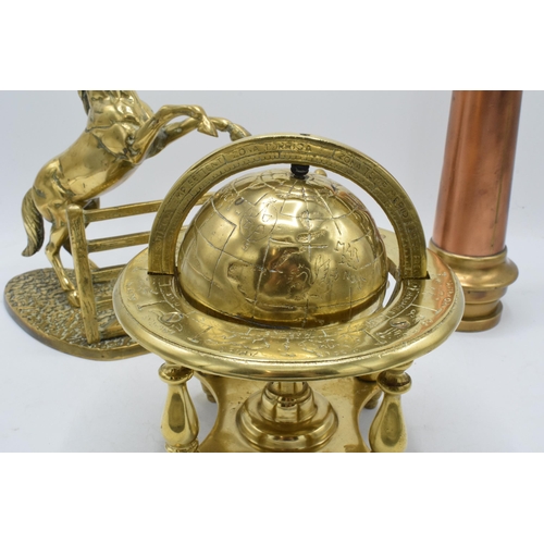 348A - Large antique copper and brass fireman's hose, 47cm tall, together with a cast brass rotating globe ... 