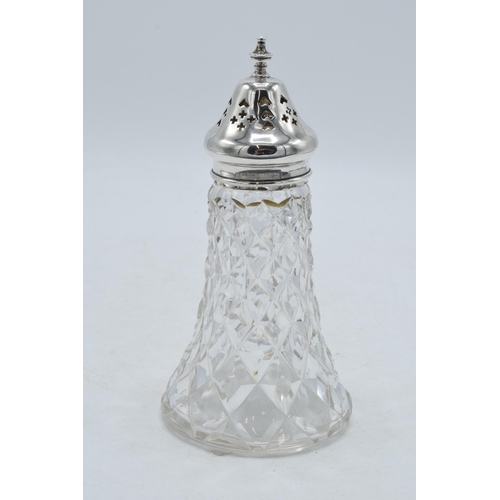 205H - Silver topped cut-glass sugar sifter, Sheffield 1915, 16cm tall.