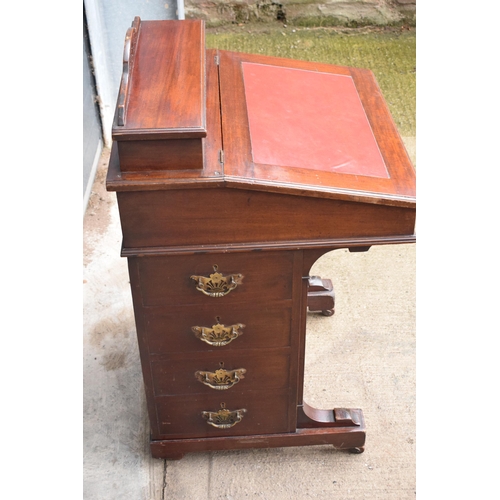 364A - Edwardian Davenport desk with red leather inset and imitation drawers to left-hand side. 92cm tall, ... 