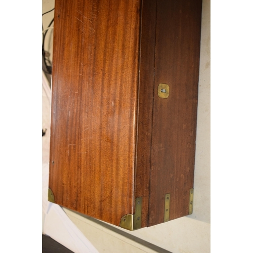 225 - Victorian brass bound writing slope with leather inset and jars, 46 x 24 x 17cm tall.