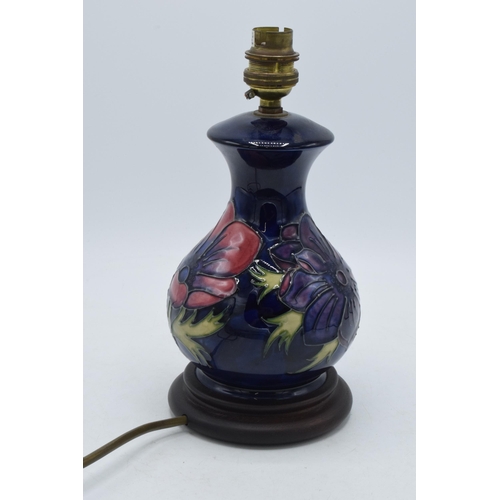 96 - Moorcroft pottery lamp base with Anemone on blue pattern, 24cm inc fittings.