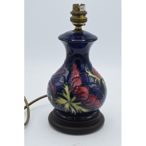 96 - Moorcroft pottery lamp base with Anemone on blue pattern, 24cm inc fittings.