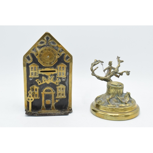 220 - Victorian brass and cast iron money box in the form of a bank with a clock together together with ca... 