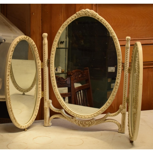 222 - Vintage shabby-chic three-folding mirror with gilt decoration, 54cm tall.