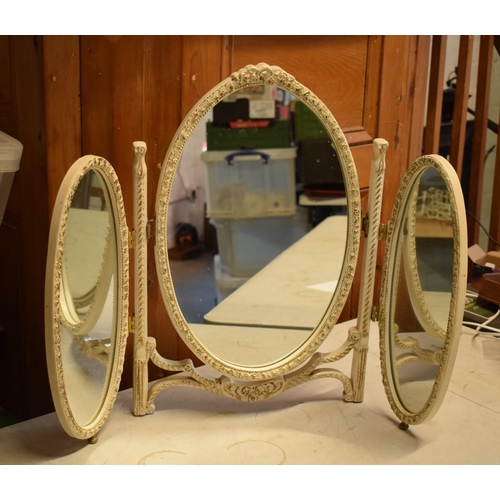 222 - Vintage shabby-chic three-folding mirror with gilt decoration, 54cm tall.