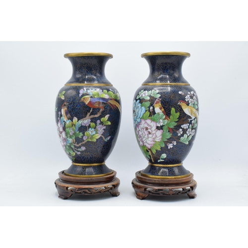 238 - A boxed pair of Chinese cloisonne vases with birds amongst foliage with rich blue background on wood... 