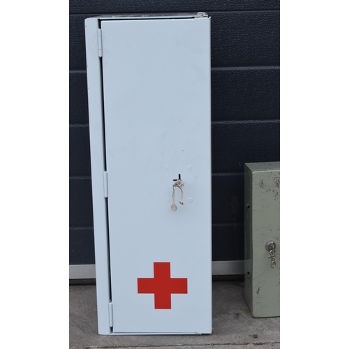 242 - Vintage lockable medicine cabinet with Red Cross together with smaller grey example, tallest 64cm (2... 