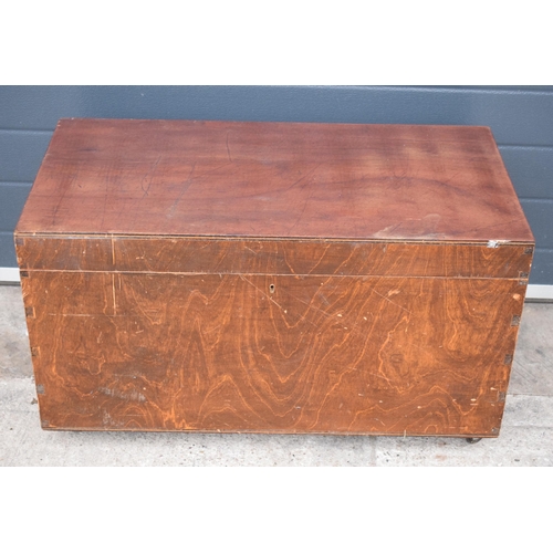 254 - Vintage wooden tool box on caster wheels with pull out drawers, 84 x 43 x 48cm tall.