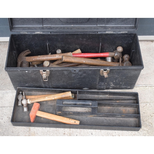 258 - A plastic heavy duty toolbox together with contents of vintage hammers and similar tools (Qty).