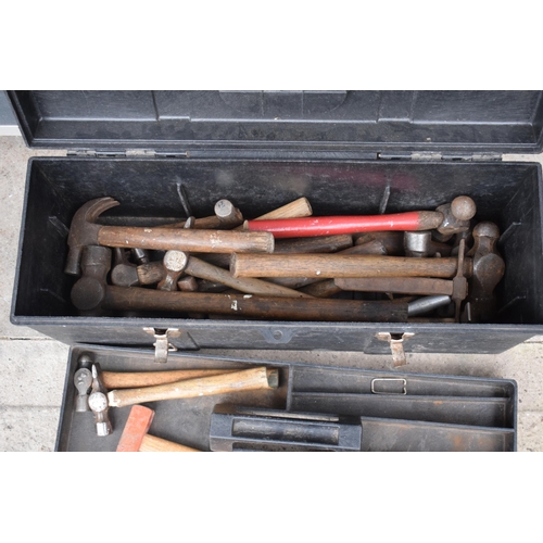 258 - A plastic heavy duty toolbox together with contents of vintage hammers and similar tools (Qty).