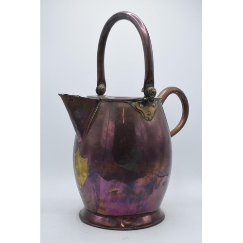 268 - Antique Georgian (or later) large copper water / ale jug with brass shield cartouche to front with h... 