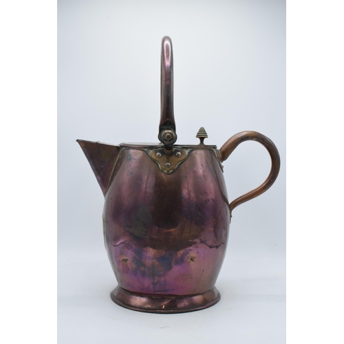 268 - Antique Georgian (or later) large copper water / ale jug with brass shield cartouche to front with h... 