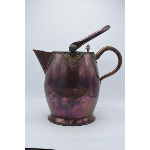 268 - Antique Georgian (or later) large copper water / ale jug with brass shield cartouche to front with h... 