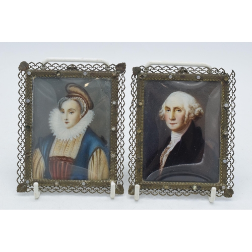 269 - A pair of antique miniatures in wire frames with bowed glass, 10.5cm tall.