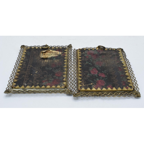 269 - A pair of antique miniatures in wire frames with bowed glass, 10.5cm tall.