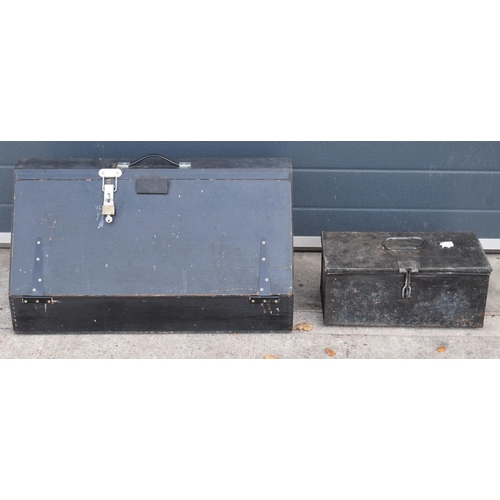 255A - A wooden carpenters toolbox with fitted interior together with metal tin toolbox (2), longest 72cm.