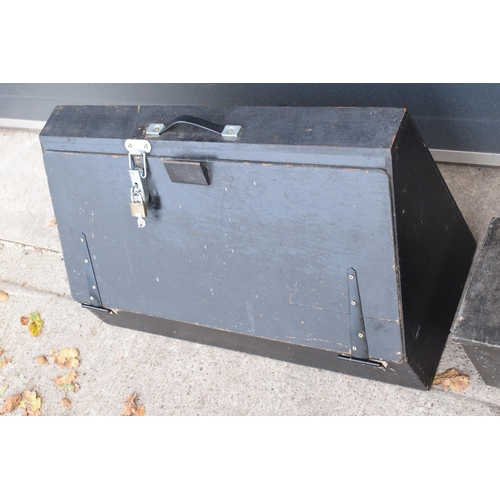 255A - A wooden carpenters toolbox with fitted interior together with metal tin toolbox (2), longest 72cm.