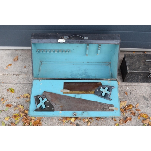 255A - A wooden carpenters toolbox with fitted interior together with metal tin toolbox (2), longest 72cm.