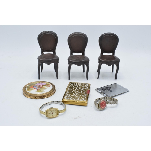 277 - A mixed collection to include Coalport metal chairs (stamped Coalport), compacts, stamp case and vin... 