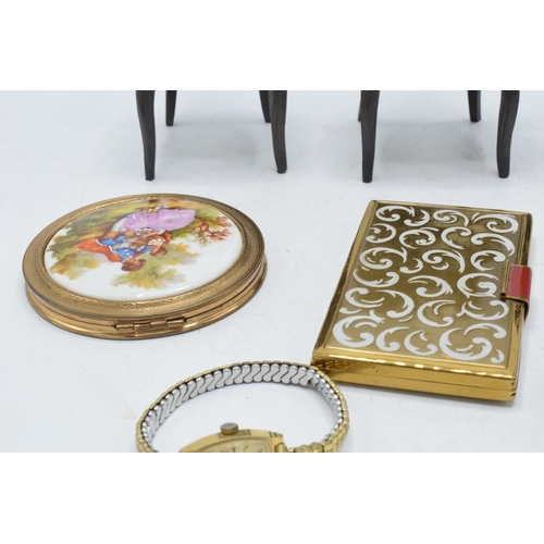 277 - A mixed collection to include Coalport metal chairs (stamped Coalport), compacts, stamp case and vin... 