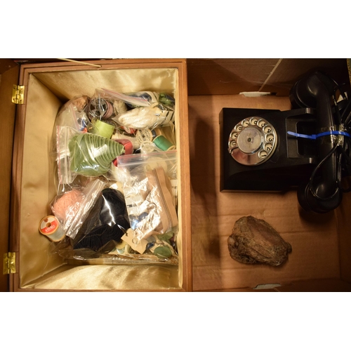 281 - A sewing box with contents, vintage wired telephone and a gold quartz geode (3).