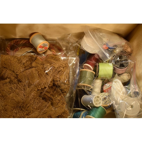 281 - A sewing box with contents, vintage wired telephone and a gold quartz geode (3).