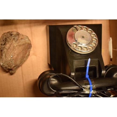 281 - A sewing box with contents, vintage wired telephone and a gold quartz geode (3).