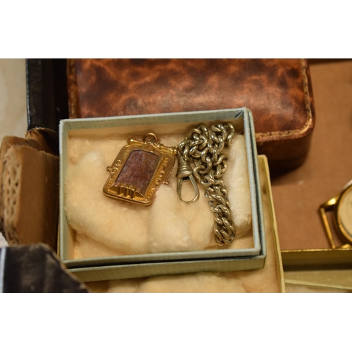 285 - A good and interesting collection of costume jewellery to include gold plated and agate fob, Albert ... 