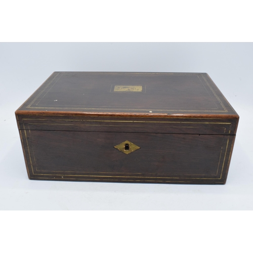 286 - 19th century writing slope with brass inlay and plaque, 32 x 22 x 13cm tall.