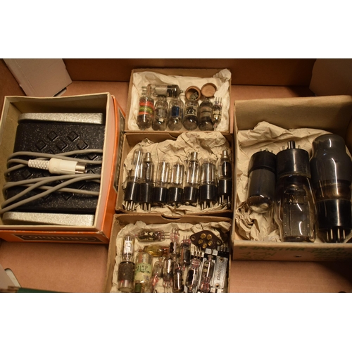 295 - A collection of vintage radio valves to include Marconi etc together with a Grundig guitar foot peda... 