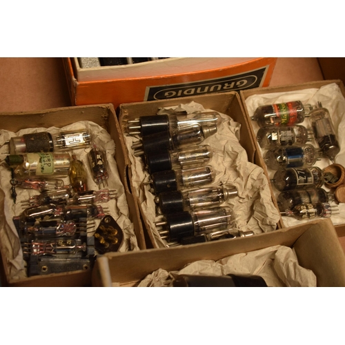 295 - A collection of vintage radio valves to include Marconi etc together with a Grundig guitar foot peda... 