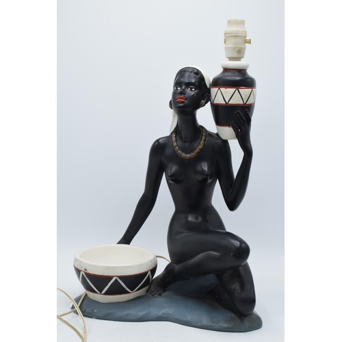 301 - Vintage chalkware lamp base in the form of an African Lady, 43cm tall to fitting, with original shad... 