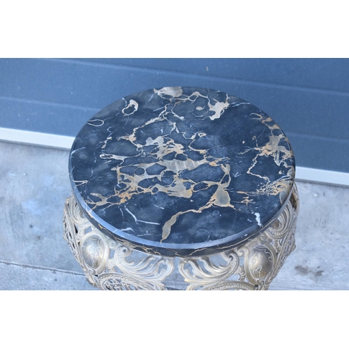 302 - Cast brass low top with marble top, numbers to metal interior (re-strike), 40cm tall, 52cm wide.