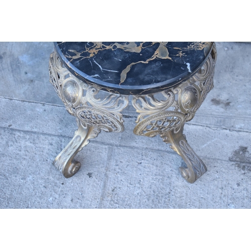 302 - Cast brass low top with marble top, numbers to metal interior (re-strike), 40cm tall, 52cm wide.