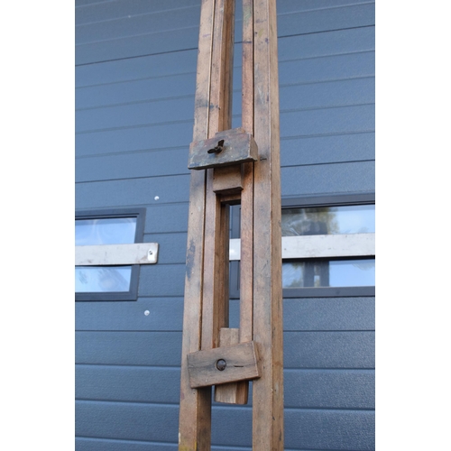 304 - Early 20th century folding artist's easel with heavy duty wingnut and remnants of paint, 190cm tall ... 