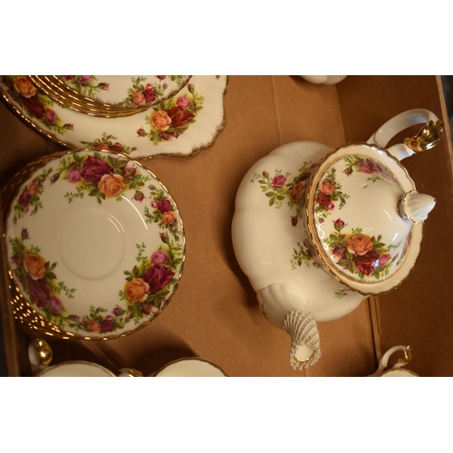 85D - Royal Albert Old Country Roses tea ware to include large teapot, 6 cups, 6 saucers, 6 sides, milk, s... 