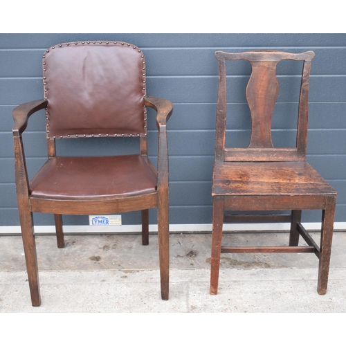 359 - A 19th century oak hall chair together with later upholstered arm chair, tallest 93cm tall (2).