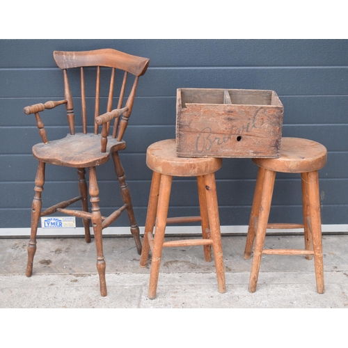 360 - A collection of antique farmhouse items to include a pair of elm (or similar) round stools, a high c... 