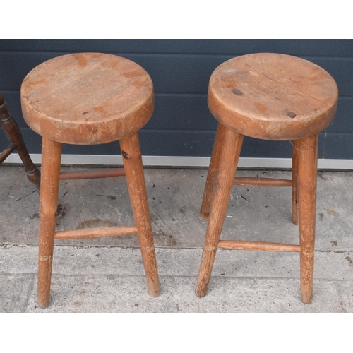 360 - A collection of antique farmhouse items to include a pair of elm (or similar) round stools, a high c... 