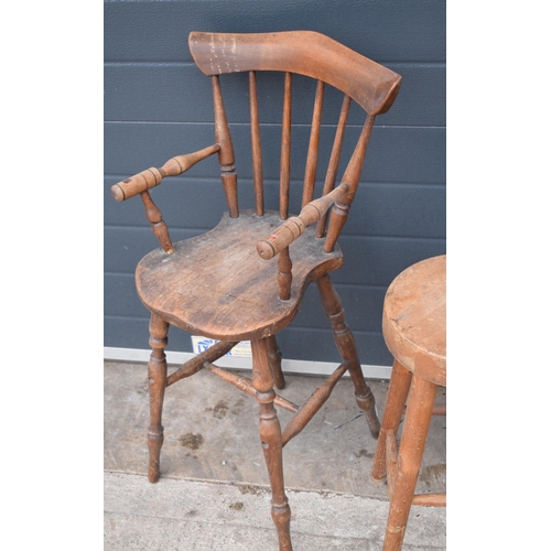 360 - A collection of antique farmhouse items to include a pair of elm (or similar) round stools, a high c... 