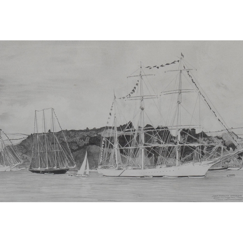 387 - A J Beard: original pencil artwork of Dartmouth Harbour, 61 x 44cm inc frame.