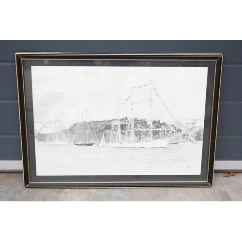 387 - A J Beard: original pencil artwork of Dartmouth Harbour, 61 x 44cm inc frame.